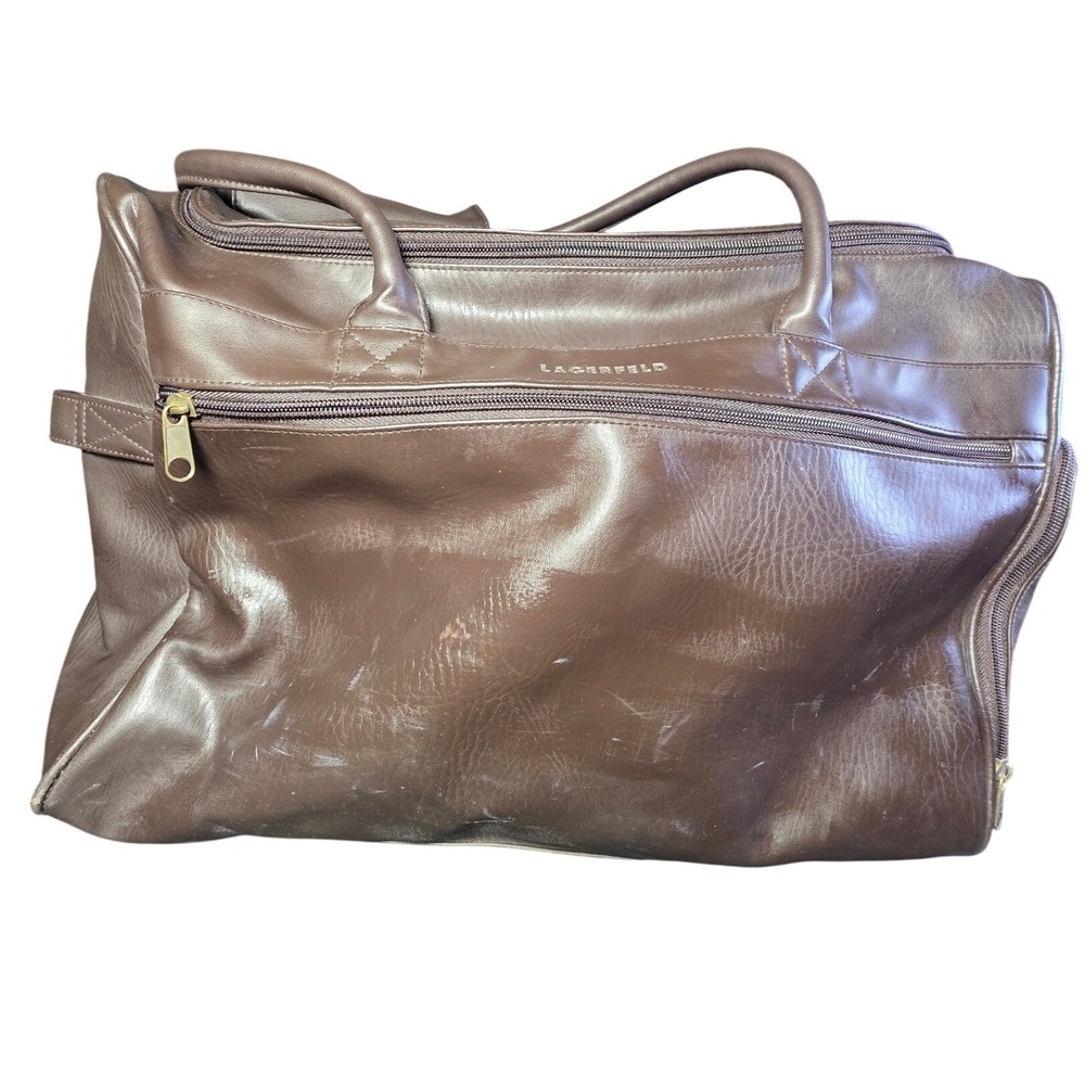 Lagerfeld Brown Faux Leather Duffel Bag Vintage Travel Carry On Weekend Bag